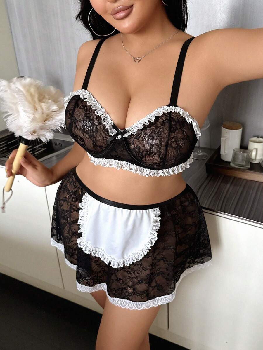 Fantasy Costume 2 pezzi Set di lingerie sexy in pizzo e taglio per taglie forti