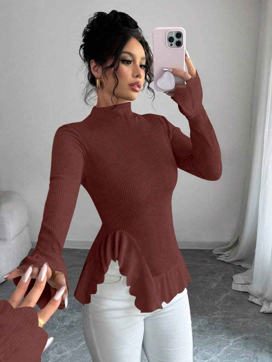 Elenzga Women's Lace Trim Turtleneck Solid Color Minimalist Everyday T-Shirt - Red - View 1