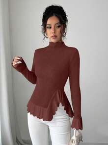 Elenzga Women's Lace Trim Turtleneck Solid Color Minimalist Everyday T-Shirt - Red - View 6