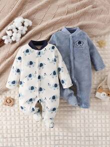 两件套男婴长袖白色和蓝色可爱卡通大象毛绒加厚连脚睡衣套装，毛绒刺绣大象图案，柔软舒适，适合秋冬季穿着 - 藍色 - 查看 1