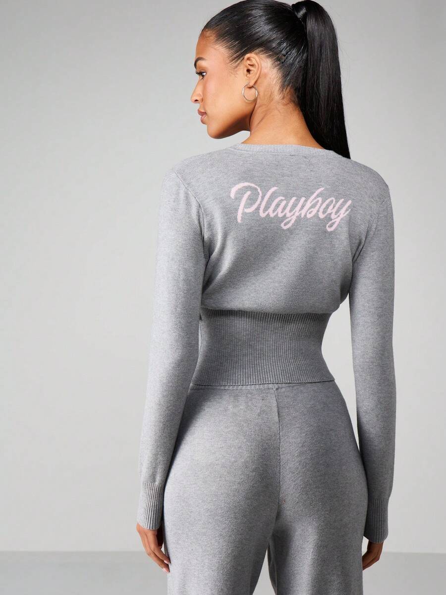 Missguided x Playboy Ribbed Knit Cardigan Set With Bunny Button Details For Casual Loungewear
