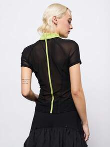 COUREZ Short Sleeve Mock Neck Sporty Sheer Top , Y2K Spring Going Out Top - Multicolor - View 3