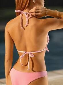 Swim Mod Áo bikini mùa hè thời trang không tay cổ yếm viền bèo nhún cho nữ - Hồng - Xem 3