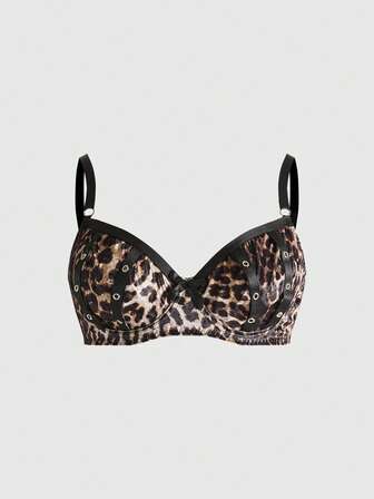 Grunge Punk Sujetador estilo bralette y sujetador sin aros con estampado de leopardo, ojales y lazo, talla grande, estilo punk oscuro