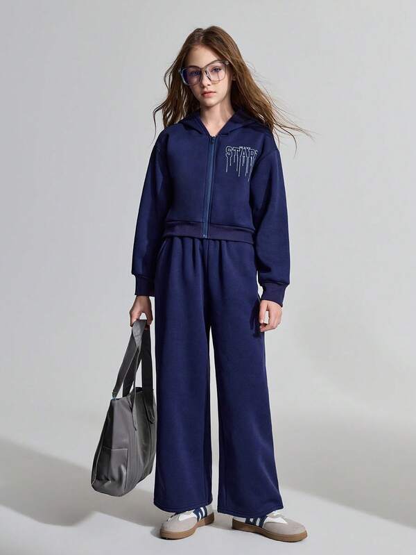 Ontre 2pcs/Set Tween Girl Letter Graphic Hoodie Jacket And Sweatpants Set