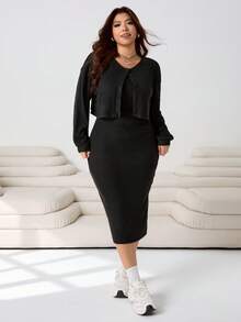 SHEIN EZwear Ensemble 2 pièces top à manches longues et jupe de couleur unie minimaliste grande taille, tenue de tous les jours