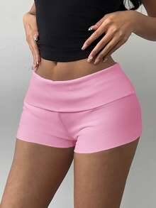 SHEIN BASICS 女式休闲纯色针织低腰修身运动短裤 - 粉色 - 查看 4