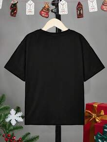 青少年男童休闲舒适圣诞图案T恤，圣诞老人、圣诞树图案，圆领短袖，适合夏季穿着 - 黑色 - 查看 5