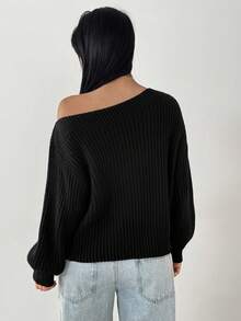 FavEase Fashionable & Versatile Women's Solid Color Oblique Shoulder Long Sleeve Loose Sexy Knit Top