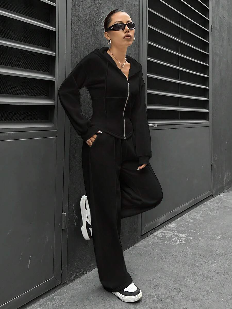 SHEIN Unity Women's Zip-Up Hooded Top And Pants Set Fall Cloth For Women - Black - View 1