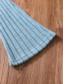 SHEIN 女孩子實色針織連帽上衣配擴腿褲兩件套 - 淺藍色 - 查看 7