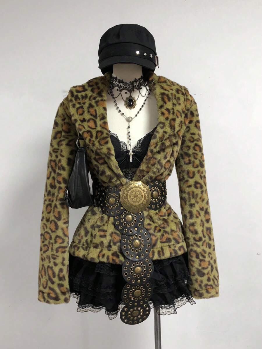 SHEIN Unity Women's New Autumn/Winter Leopard Print Lapel Cardigan Rabbit Fur Coat, Vintage Style - Army Green - View 1