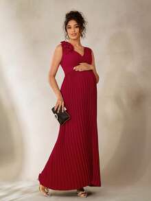 Cheriluna Maternity 纯色V领无袖3D立体花卉褶皱拼接A字裙派对/孕妇写真正式礼服/优雅派对礼服/红色礼服/花朵礼服 - 中紫紅色 - 查看 6