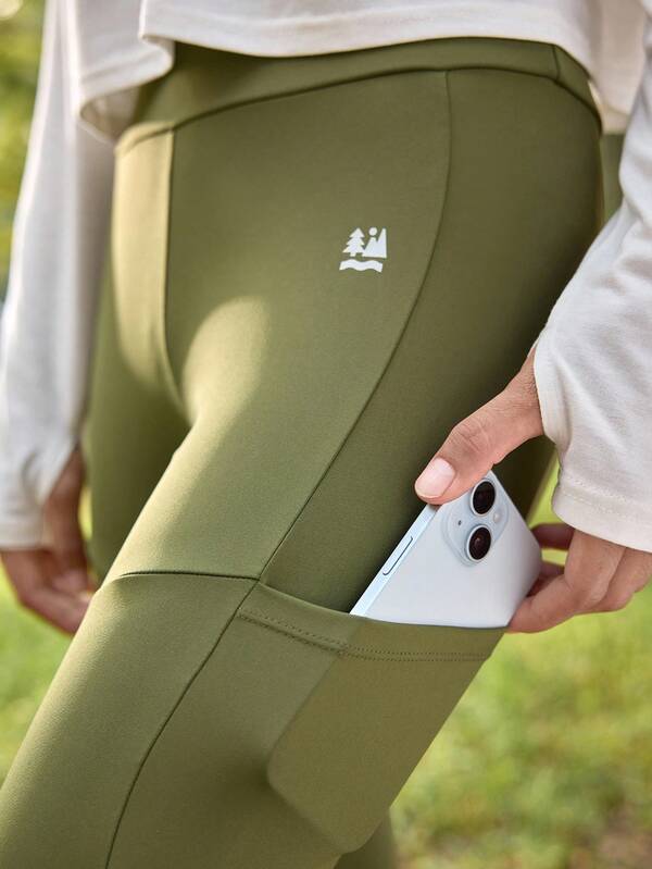 SHEIN In My Nature Mallas militares verdes de alta elasticidad para mujer para exteriores | Pantalones largos ajustados de secado rápido con tira reflectante | Para correr, senderismo, fitness, yoga | Con bolsillo con cremallera