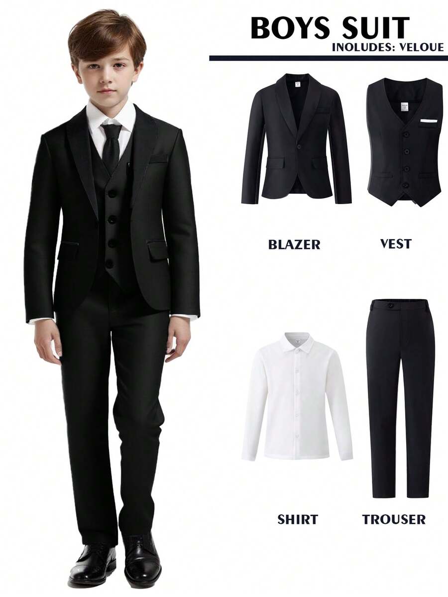 SHEIN 4 件套 Tween Boy 高端优雅时尚宴会婚礼舞台表演主持人四季绅士西装套装。西装外套 + 修身背心 + 纯白长袖衬衫 + 休闲裤 - 黑色 - 查看 1