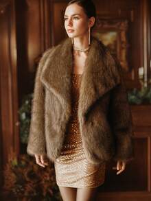 Anewsta 女士优雅别致仿毛领大衣，适合秋季、冬季、外出、圣诞节 - 棕色 - 查看 6