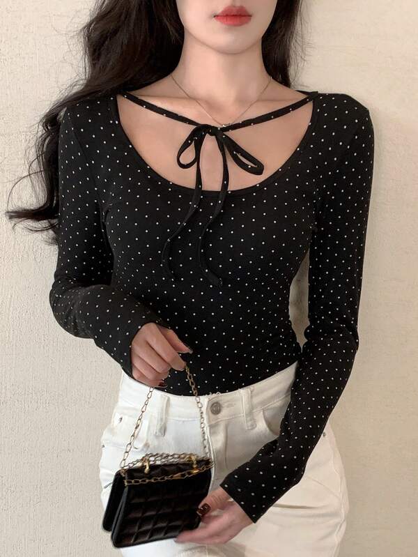 DAZY Women's Round Neck Polka Dot Tie Cuff Long Sleeve Casual T-Shirt