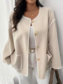 Firerie Women Plus Size Dropped Shoulder Long Sleeve Loose Casual Color Block Trim Jacket, Suitable For Autumn/Winter