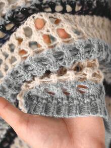 CosyJoli Plus Size Casual Blue & White Striped Hollow Out Boat Neck Loose Cropped Long Sleeve Sweater In Fall/Winter