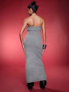 Normani Sleeveless Hollow Out Plunging Neck Long Straight Sweater Dress - Grey - View 3