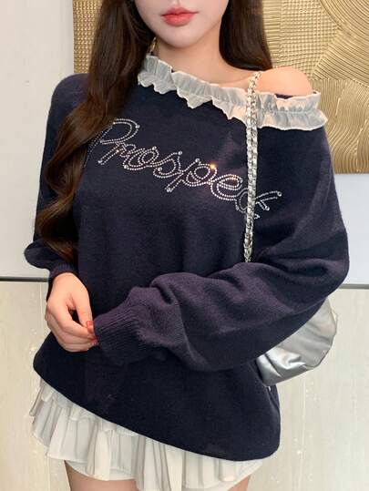 DAZY 女式拼色蕾丝拼布水钻字母图案提花宽松针织毛衣，适合秋季、冬季、新年、圣诞节