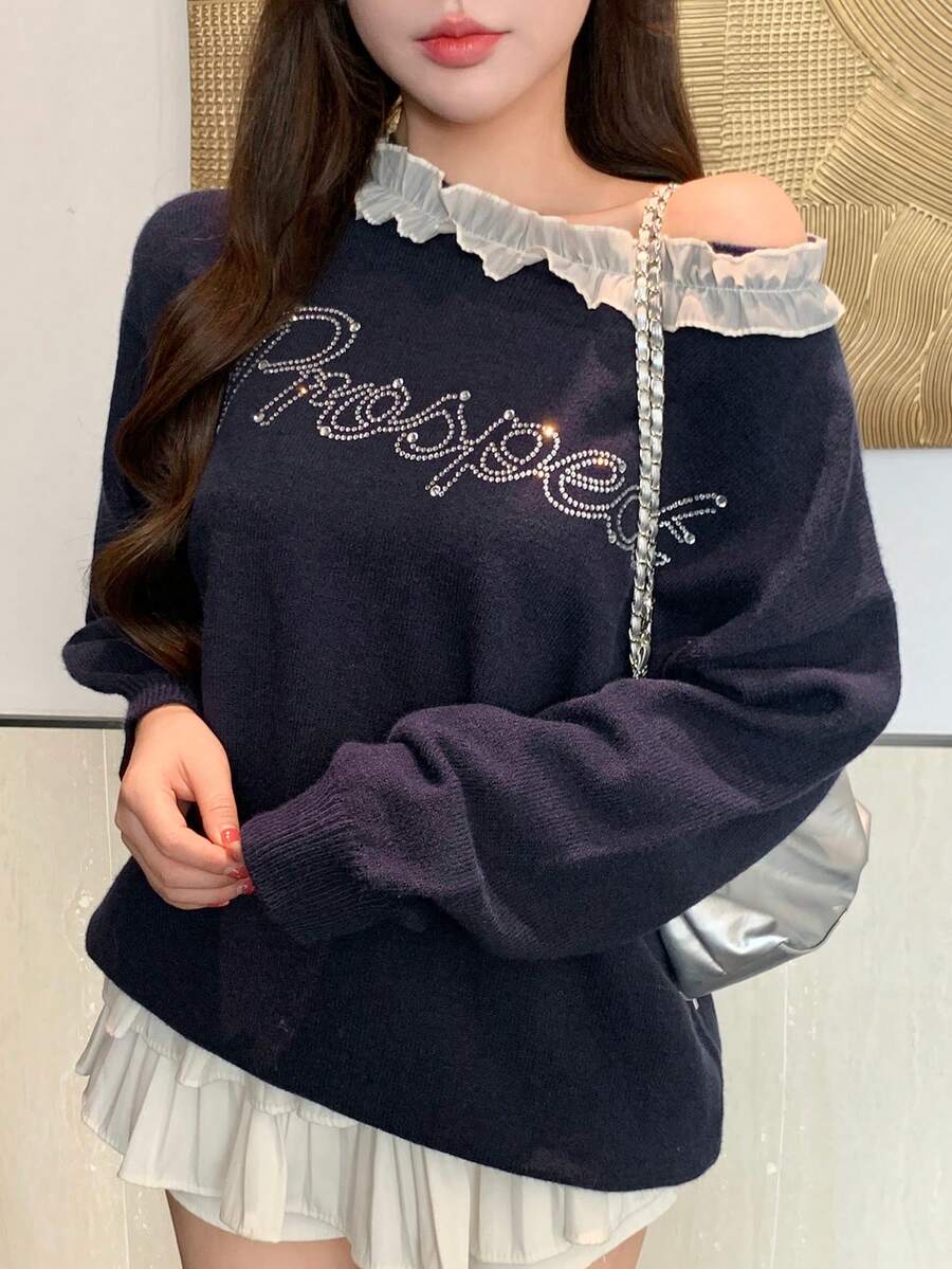 DAZY 女式拼色蕾丝拼布水钻字母图案提花宽松针织毛衣，适合秋季、冬季、新年、圣诞节 - 藏蓝色 - 查看 1