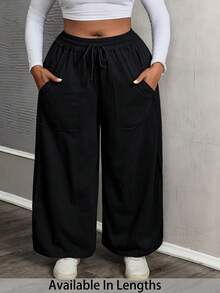 SHEIN PETITE CURVE 大码休闲水洗复古阔腿裤，女士秋季服装 - 黑色 - 查看 8
