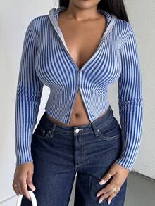 Alexandranx Áo len cardigan cổ cao có khóa kéo, tay dài, họa tiết sọc, mùa xuân, thường ngày, phong cách Y2K thập niên 90, dễ thương, màu pastel, trang phục cơ bản, sân bay, ngày lễ, lễ hội, mùa thu, trở lại trường, mùa thu, mùa đông, hàng ngày, Giáng sinh, công sở, văn phòng - Màu xanh lam - Xem 3