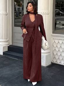 Easura Bộ đồ vest thường ngày cho nữ cỡ lớn, áo khoác kẻ sọc dài tay một hàng khuy và quần ống rộng - Màu Đỏ Sâu - Xem 7