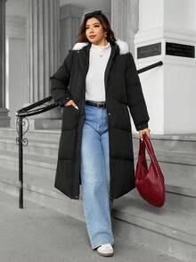 Easura Plus Size Long Sleeve Hooded + Detachable Fur Collar Long Padded Coat - Black - View 6