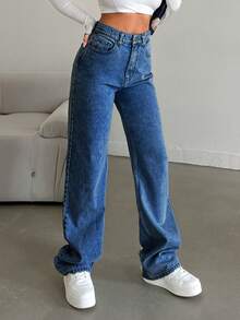 EURMUSE Quần Jeans Ống Đứng 100% Cotton Giặt Tuyết - Màu xanh lam - Xem 5