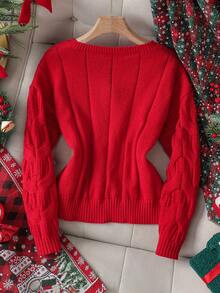 Franclia Women's Red Autumn Christmas Sweater,Loose Casual V-Neck Long Sleeve Pullover With Graphic 3D Twist Pattern,Tree Santa Hat & Elk Everyday Knit Tops - Red - View 2