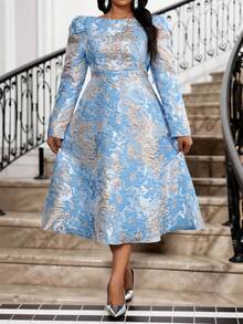 Fleurora Váy dự tiệc jacquard thắt eo thanh lịch cỡ lớn - Màu xanh lam - Xem 7