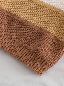 Suéter grueso de punto con patchwork de rayas anchas de color contrastante, versátil para niños pequeños, adecuado para la escuela y el uso en el hogar en otoño/invierno - Marrón Chocolate - Ver 4
