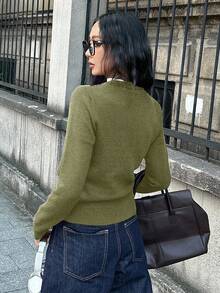 DAZY 复古格子提花撞色圆领长袖休闲街头风格针织开衫，女款，秋冬 - 綠色 - 查看 2
