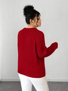 SHEIN Elenzya 女士珍珠领纯色简约套头毛衣 - 紅色 - 查看 2