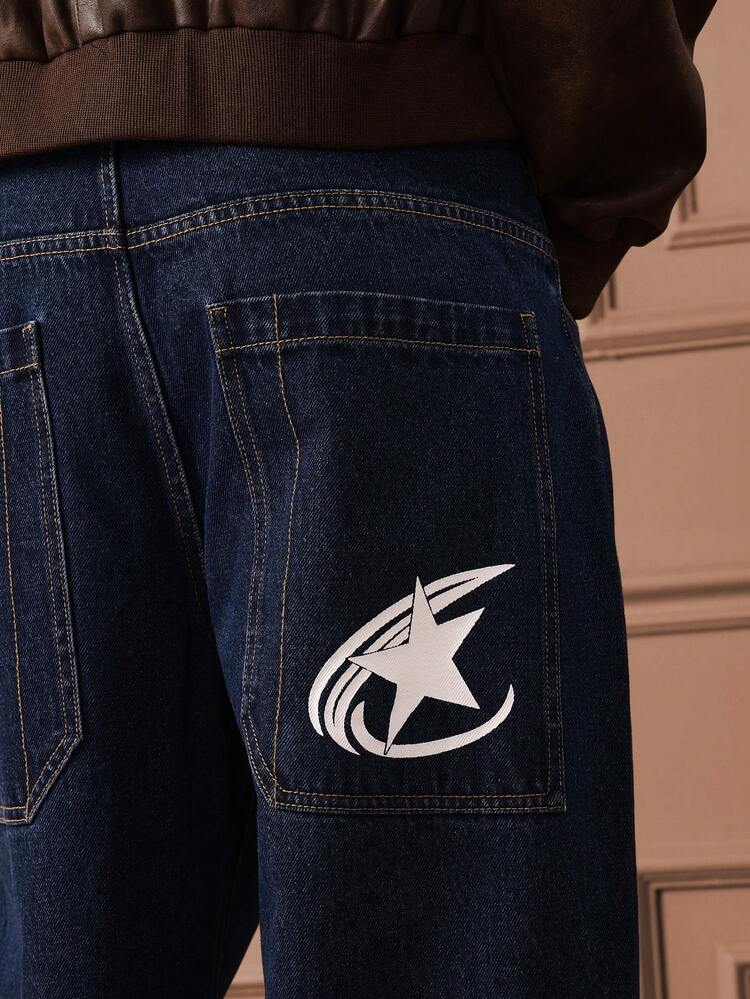 Wide Leg Baggy Jeans With Logo Print