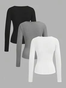 SHEIN EZwear 3 件套女士深 V 领修身休闲长款基本款保暖内衬长袖 T 恤套装，适合秋冬季 - 彩色 - 查看 2