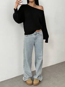 FavEase Fashionable & Versatile Women's Solid Color Oblique Shoulder Long Sleeve Loose Sexy Knit Top