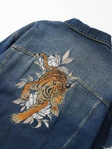 ROMWE MEN Street Life Men's Plant Embroidery Long Sleeve Single-Breasted Casual Denim Jacket - Blue - View 5