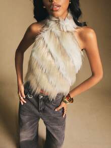 Poéselle Ivory Ombre Faux Fur Halter Crop Top - Winter Party Statement Vest For Women, Holiday Glam Look,Women's Fashionable Beige Plush Halter Backless Camisole - Apricot - View 7