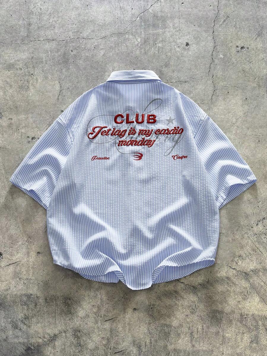 AXEPEAK Young Men's Casual Loose Fit Short Sleeve Striped Woven Shirt - Blue - View 1