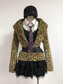 SHEIN Unity Women's New Autumn/Winter Leopard Print Lapel Cardigan Rabbit Fur Coat, Vintage Style - Army Green - View 5