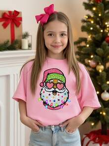 圣诞节女孩休闲时尚创意卡通圣诞老人图案印花宽松节日基本款短袖T恤 - 淺粉色 - 查看 1