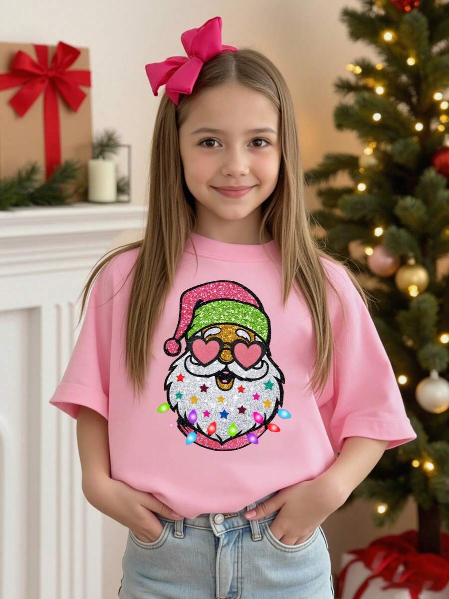 圣诞节女孩休闲时尚创意卡通圣诞老人图案印花宽松节日基本款短袖T恤 - 淺粉色 - 查看 1