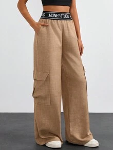 EURMUSE Fashionable Commuter Letter Webbing Waistband Cargo Wide Leg Pants - Cream - View 1
