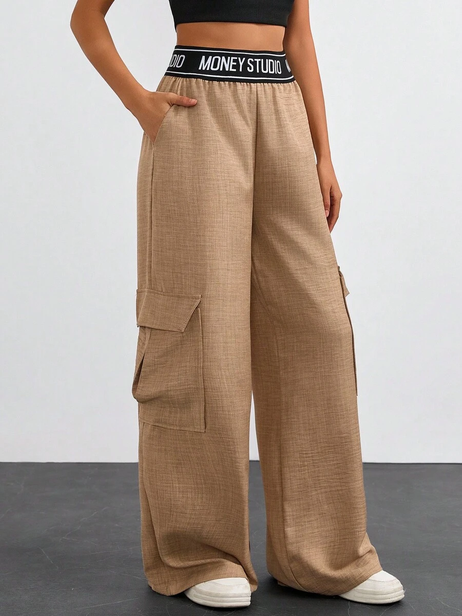 EURMUSE Fashionable Commuter Letter Webbing Waistband Cargo Wide Leg Pants - Cream - View 1