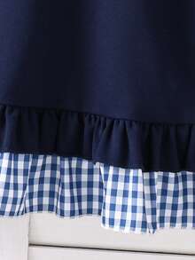 Gaun Kasual Anak Perempuan Motif Kotak-kotak Patchwork dengan Hem Berkerut, Musim Gugur - Biru - View 6