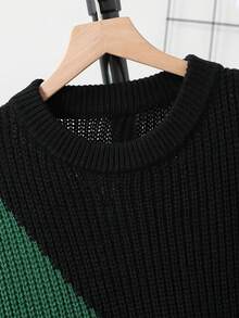 Teen Boy Colorblock Crew Neck Soft Comfortable Dropped Shoulder Long Sleeve Casual Loose Knit Sweater, Autumn/Winter Geometric Sweater Knitwear Black Green Sweater Sweaters For Teen Boys Boys Knitwear Knit Sweater For Teen Boys