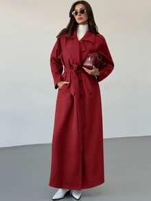 Aloruh Women's Solid Color Raglan Sleeve Belted Casual Jacket, Autumn/Winter - Red - View 1